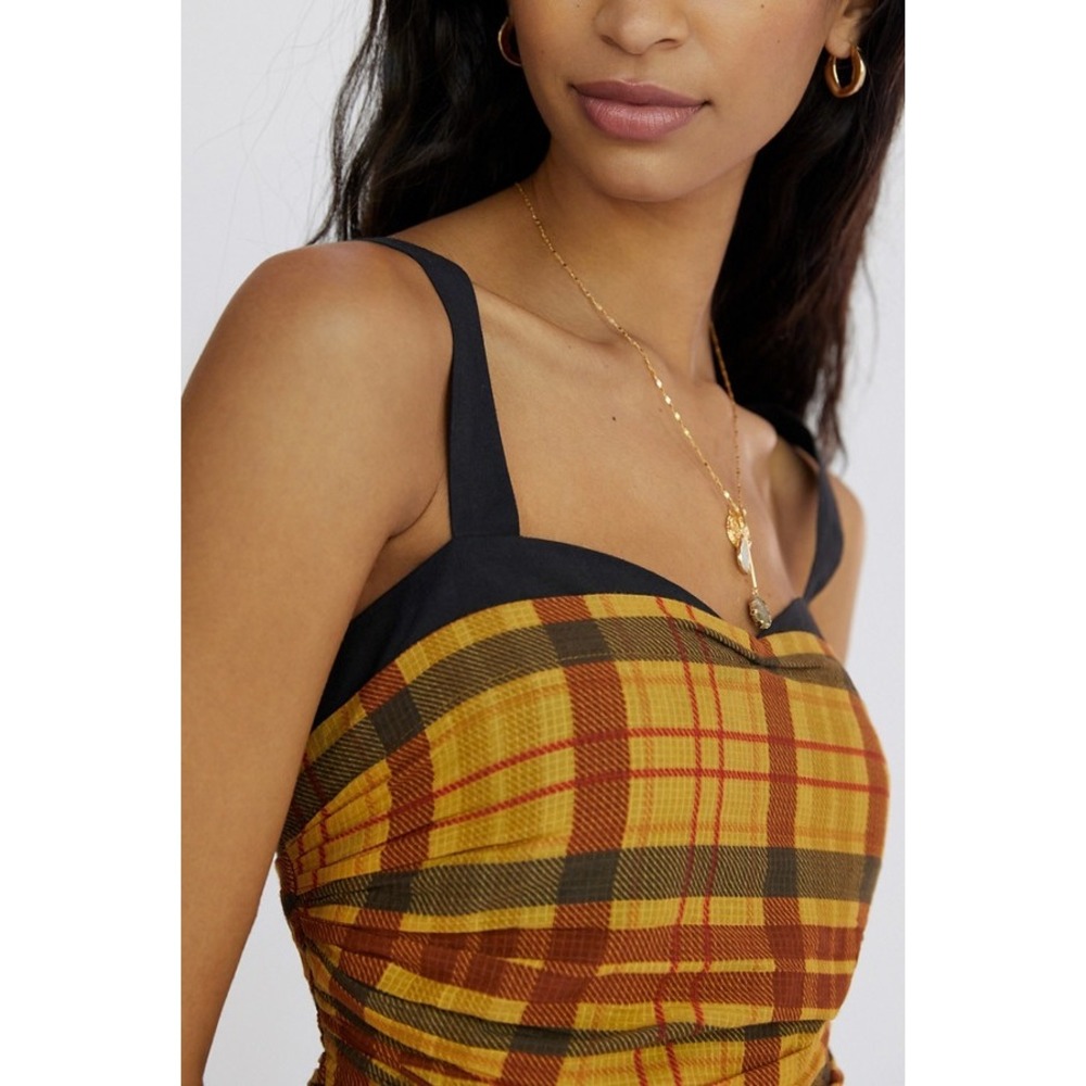 Let Me Be Yellow Plaid Corset Ruched Mini Dress XS Sweetheart Neck - Picture 3 of 7